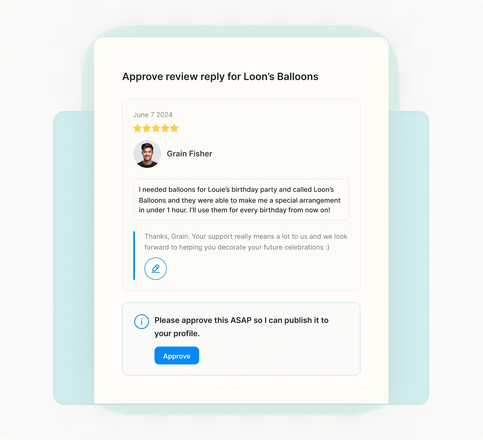 Review reply drafted for approval before publishing